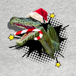 Dinosaur T-Rex with Santa Hat and Candy Cane Christmas T-Shirt